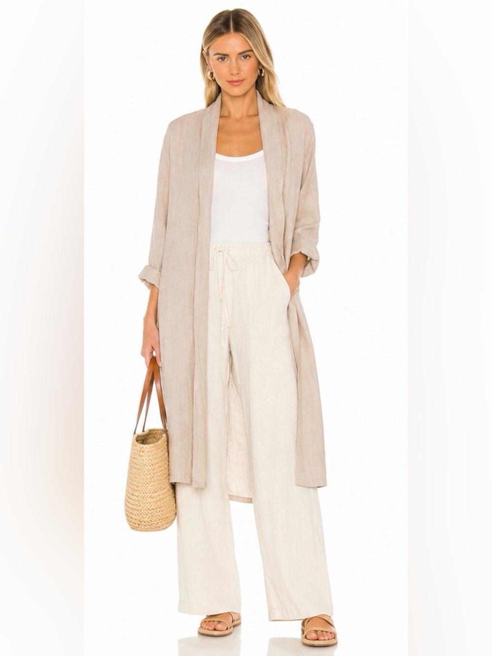 Me & Gee Italian Linen Open Front Duster Cardigan – Beige – Size L